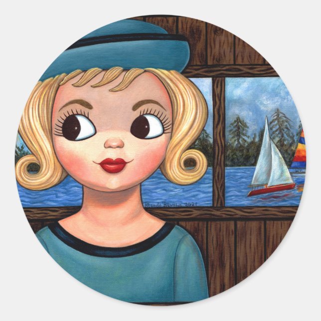 Pegatina Redonda Googly Chica Sailor Head Vase Sailboat (Anverso)