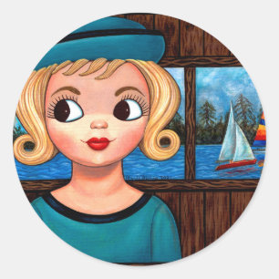 Pegatina Redonda Googly Chica Sailor Head Vase Sailboat