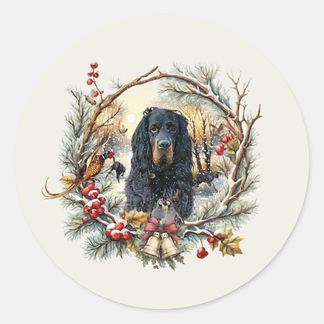 Pegatina Redonda Gordon Setter Christmas Joy – Seasonal Dog Art (Anverso)