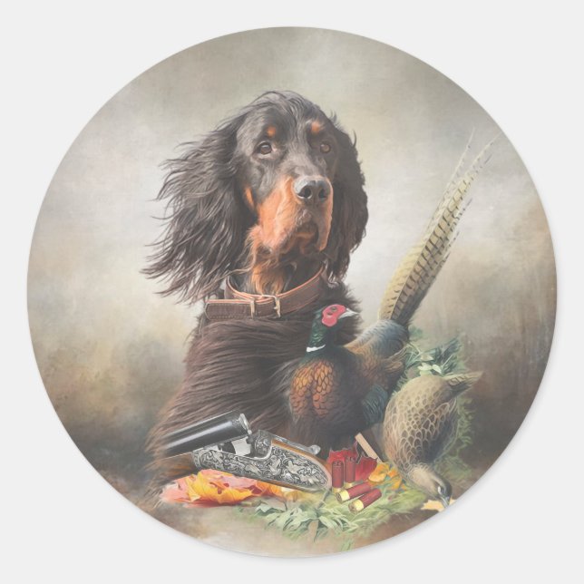 Pegatina Redonda Gordon setter con faisanes, arte (Anverso)