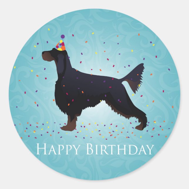 Pegatina Redonda Gordon Setter Happy Birthday Design (Anverso)