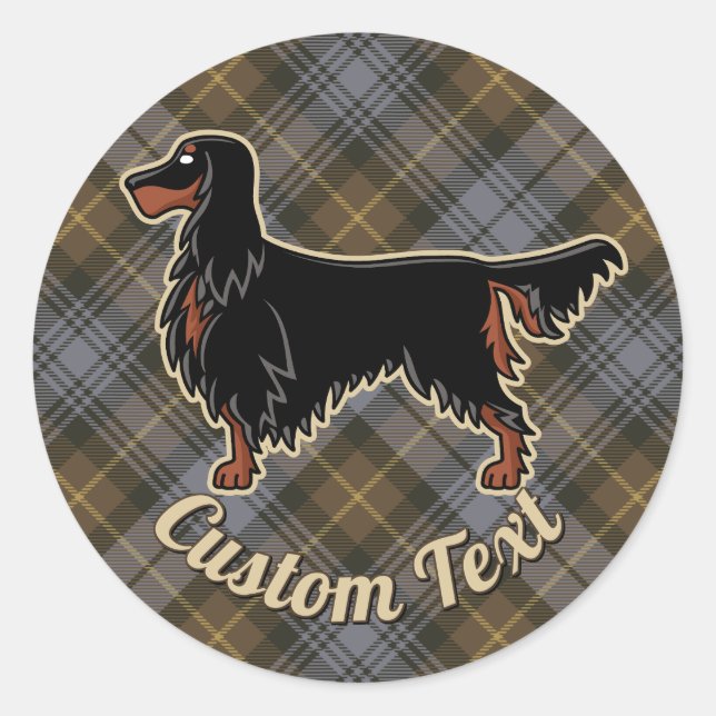 Pegatina Redonda Gordon Setter sobre Gordon Tartan (Anverso)