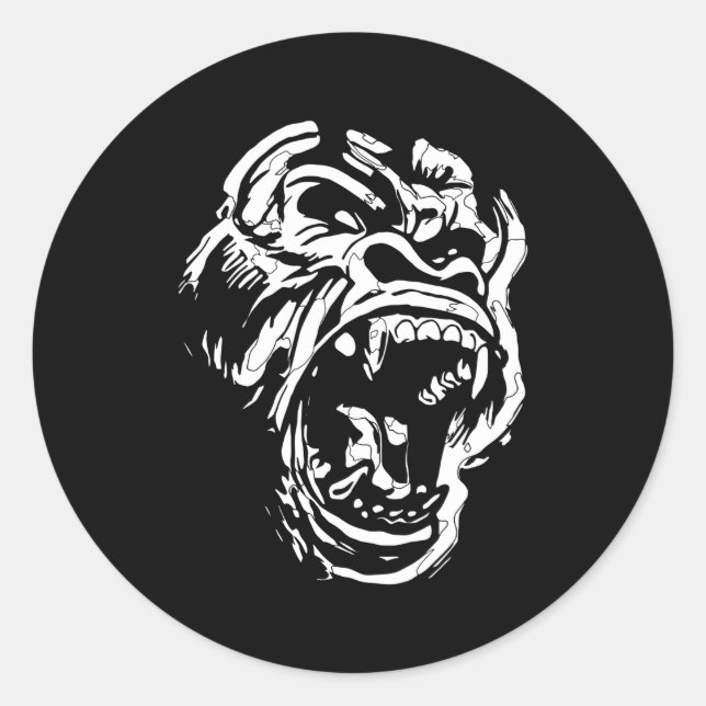 Pegatina Redonda Gorila enojada Silverback White Fierce Great Ape (Anverso)