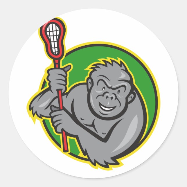 Pegatina Redonda Gorilla Ape con Personalizado Lacrosse Stick (Anverso)
