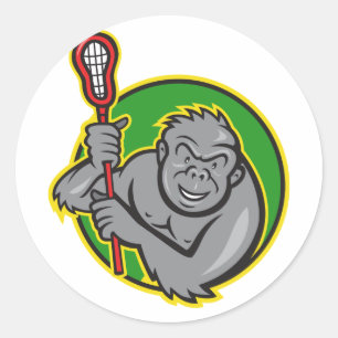 Pegatina Redonda Gorilla Ape con Personalizado Lacrosse Stick