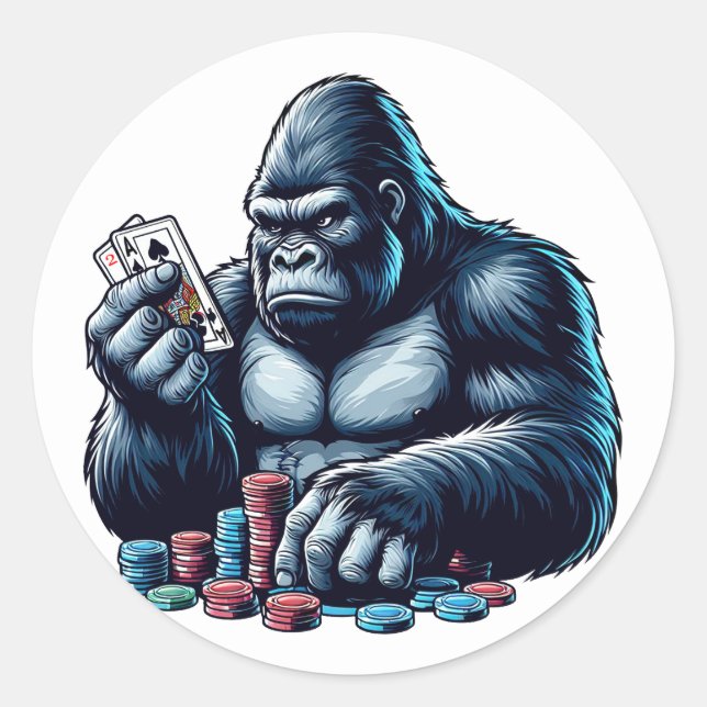 Pegatina Redonda gorilla ape jugar cartas póker jugar casino (Anverso)