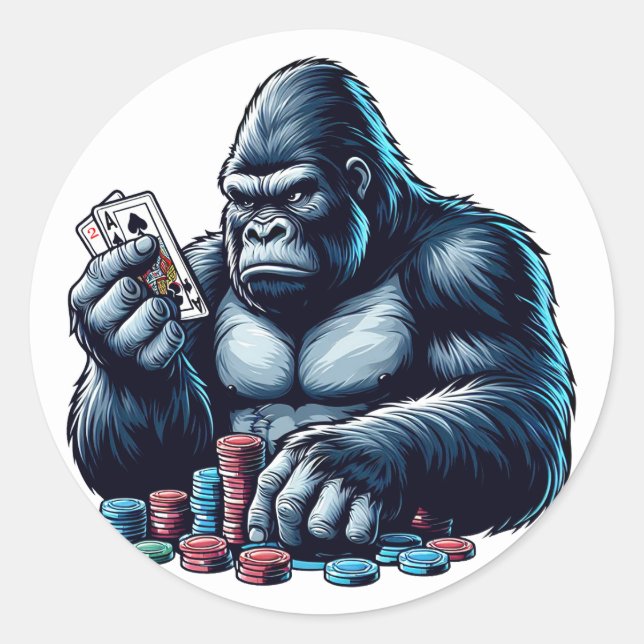 Pegatina Redonda gorilla ape jugar cartas póker jugar casino (Anverso)