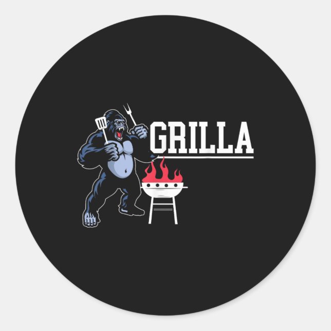 Pegatina Redonda Gorilla Bbq Grilla Grilling Grillmaster Barbecue (Anverso)