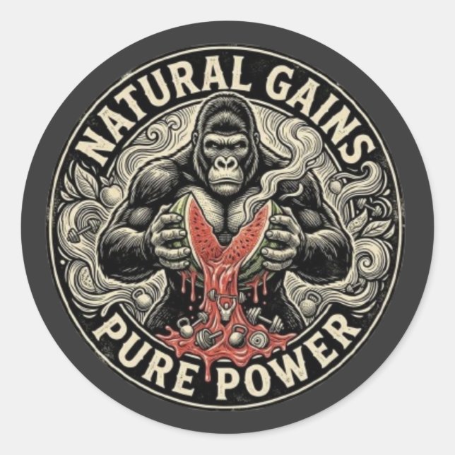 Pegatina Redonda Gorilla Gym Ganancias Naturales - Poder Puro  (Anverso)