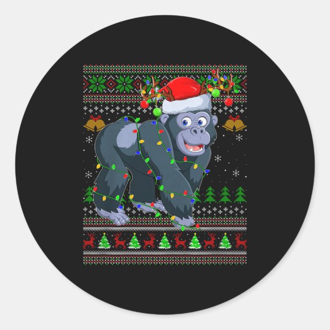 Pegatina Redonda Gorilla Ugly Christmas Sweaters Holiday Santa Cute (Anverso)