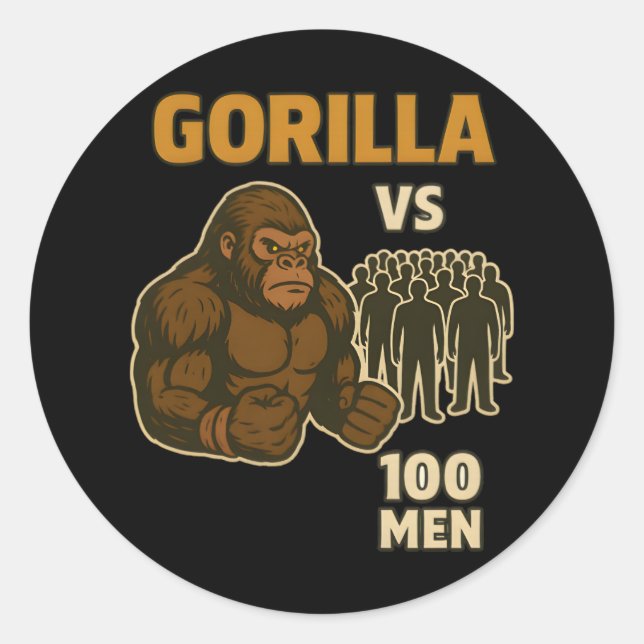 Pegatina Redonda Gorilla vs 100 men epic battle (Anverso)