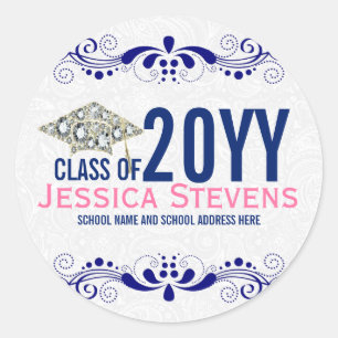 Pegatina Redonda Gorra de Blue Lace & Diamonds Grad 2015