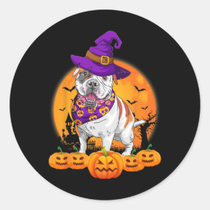 Pegatina Redonda Gorra de brujas Calabaza Bulldog americano Hallowe
