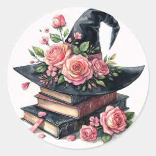 Pegatina Redonda Gorra De Brujas En Libros Con Rosas Rosa