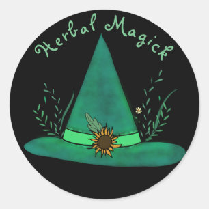 Pegatina Redonda Gorra de brujas verde Herb Craft Pagan Witchcraft 