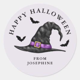 Pegatina Redonda Gorra De Brujas Y Bats Lilac Feliz Halloween