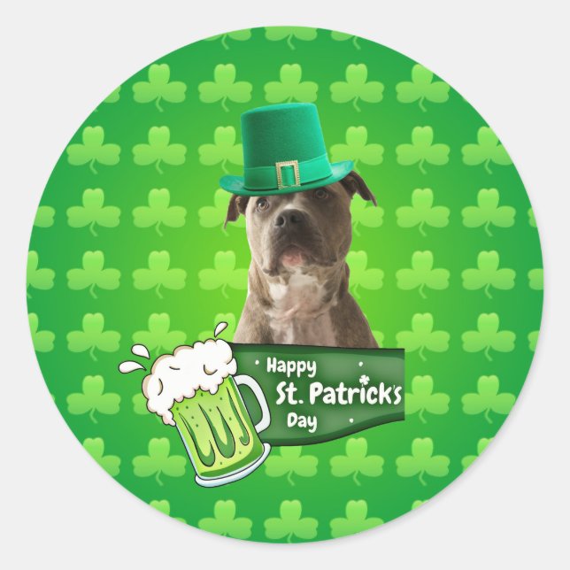 Pegatina Redonda Gorra de Bulldog Cute Pit St. Patrick's Day w Clov (Anverso)