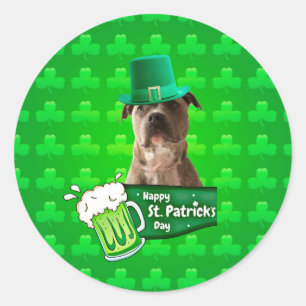 Pegatina Redonda Gorra de Bulldog Cute Pit St. Patrick's Day w Clov