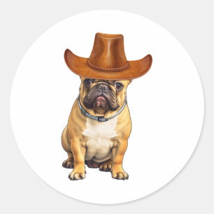 Pegatina Redonda Gorra de Cowboy con uso de bulldog