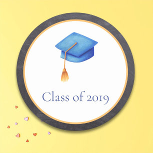 Pegatina Redonda Gorra de Graduación Azul Ceruleano Clase de