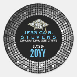 Pegatina Redonda Gorra de Graduación de Purpurina Black & White Fau