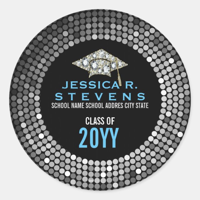 Pegatina Redonda Gorra de Graduación de Purpurina Black & White Fau (Anverso)