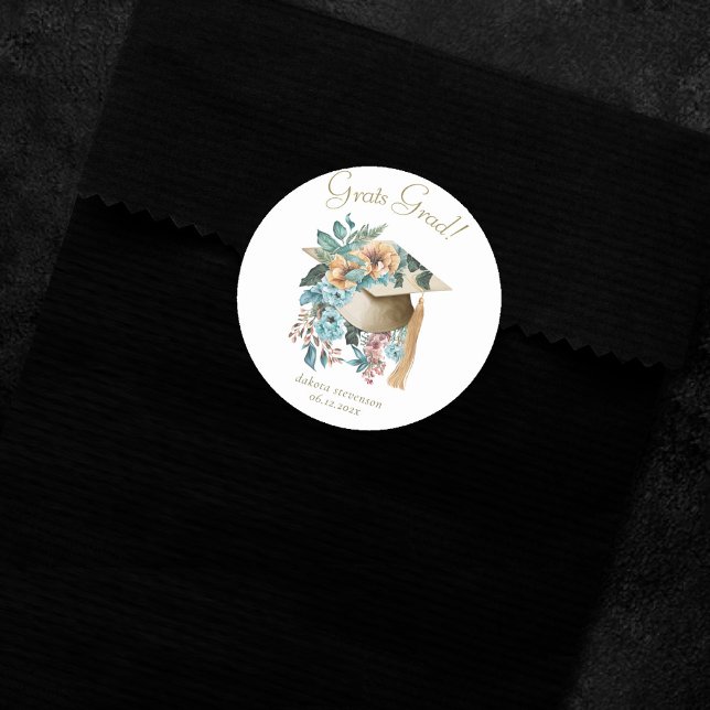 Pegatina Redonda Gorra de Graduación Floral Tropical y Fiesta de Ta (Subido por el creador)