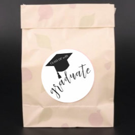 Pegatina Redonda Gorra de graduación minimalista negro y blanco Gra