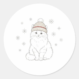Pegatina Redonda Gorra de invierno acogedora Gato de Navidad Pegati