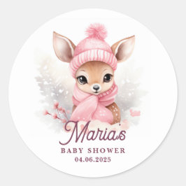 Pegatina Redonda Gorra de invierno de color rosa venado Fiesta Chic