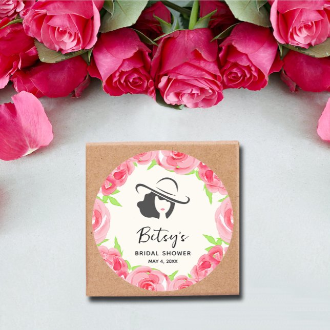 Pegatina Redonda Gorra de Lady Rosas de acuarela Derby Bridal Showe (Lady's hat watercolor roses Derby bridal shower round stickers 3" (1-1/2" available))