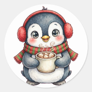 Pegatina Redonda Gorra de pingüino lindo con cacao caliente Pegatin