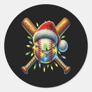 Pegatina Redonda Gorra de Santa de béisbol Luces de Navidad Jugador