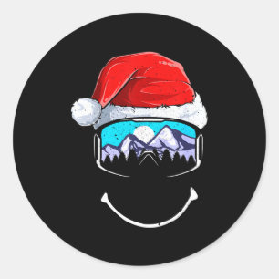 Pegatina Redonda Gorra de santa divertida montaña esquí navidad fel