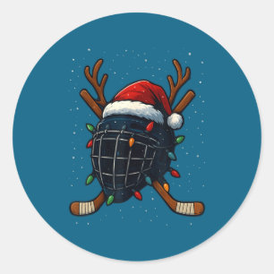 Pegatina Redonda Gorra de Santa Navidad Casco de Hockey sobre Hielo