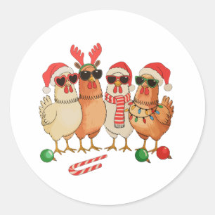 Pegatina Redonda Gorra de Santa Navidad de Pollo Granja Familia Nav