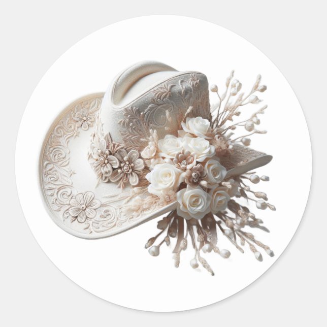 Pegatina Redonda Gorra de vaca blanca con flores (Anverso)