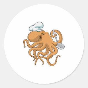 Pegatina Redonda Gorra del chef Octopus Cook