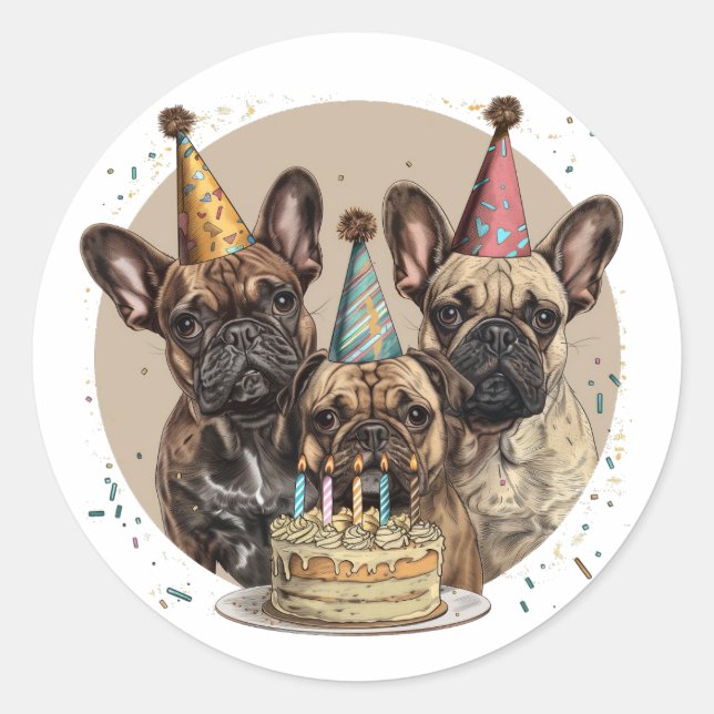 Pegatina Redonda Gorras Fiestas de Bulldoges franceses de cumpleaño (Anverso)