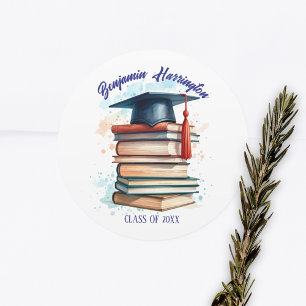 Pegatina Redonda Gorrito de graduación con acuarela y pila de libro