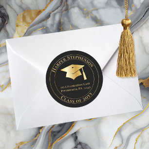 Pegatina Redonda Gorrito de Graduación de Oro Negro Clase de 2026 D