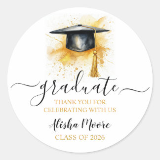 Pegatina Redonda Gorrito de graduado en acuarela, gracias 
