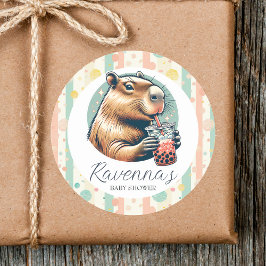 Pegatina Redonda Gorrito Divertido de Capibara Rayado con Nombre Pe