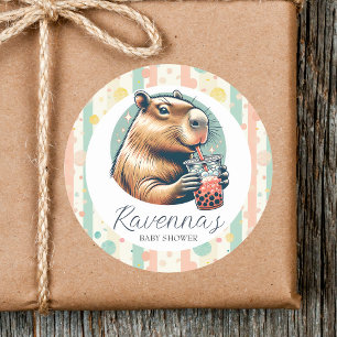 Pegatina Redonda Gorrito Divertido de Capibara Rayado con Nombre Pe