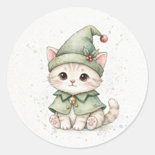 Pegatina Redonda Gorro puntiagudo de Navidad para gatito duende