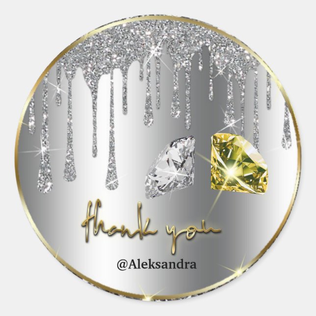 Pegatina Redonda gotas brillantes gracias oro plateado (Anverso)