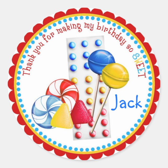 Pegatina Redonda Gotas de goma, langostas y botones de golosinas (Anverso)