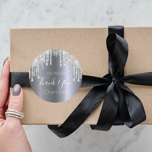 Pegatina Redonda Gotas de purpurina de plata gracias