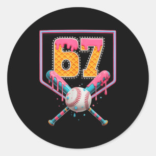 Pegatina Redonda Goteo de béisbol Número 67 Divertido Seis Siete 6 