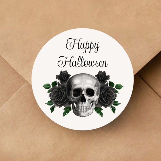 Pegatina Redonda Gothic Black Floral Skull Halloween (Gothic Black Floral Skull Halloween Classic Round Sticker)